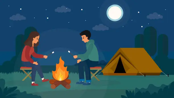 Vector illustration of Happy smiling man and woman are sitting by a fire at night near the tent, roasting marshmallows and talking. Flat style. Vector illustration.