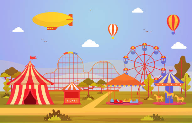 istock Amusement Park Circus Carnival Festival Fun Fair with Firework Landscape Illustration 1185232857