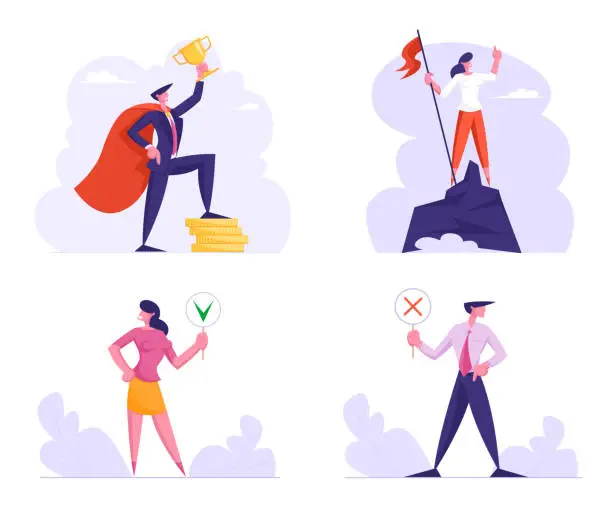 Vector illustration of Business Success and Politics Voting Set. Businesspeople Stand on Top of Rock and Pedestal with Trophy, Goal Achievement, Characters with Yes No Banners for Vote. Cartoon Flat Vector Illustration