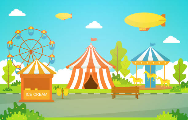 istock Amusement Park Circus Carnival Festival Fun Fair with Firework Landscape Illustration 1185233126