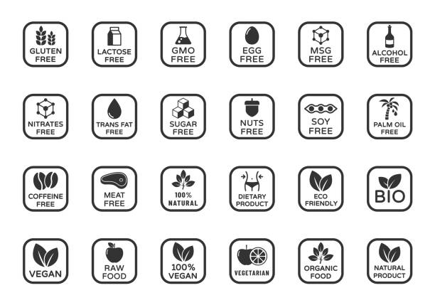 Allergen ingredients vector icons. Product free allergen ingredient symbols. No lactose, gluten, soy, sugar, gmo, trans fat. Organic, bio, vegan icons. Food intolerance stock vector illustration allergen ingredients black vector icons vegetarian food stock illustrations