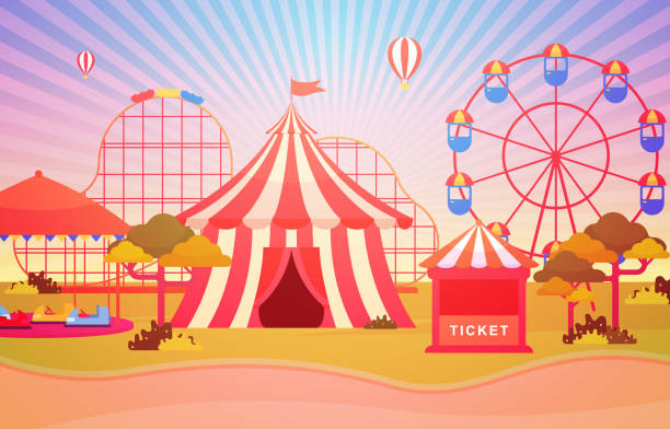 istock Amusement Park Circus Carnival Festival Fun Fair with Firework Landscape Illustration 1185233238