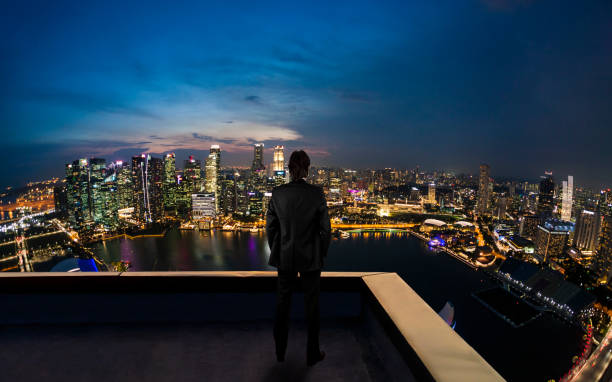 geschäftsmann beobachtet singapur stadt auf dem dach des wolkenkratzers - roof men business city stock-fotos und bilder