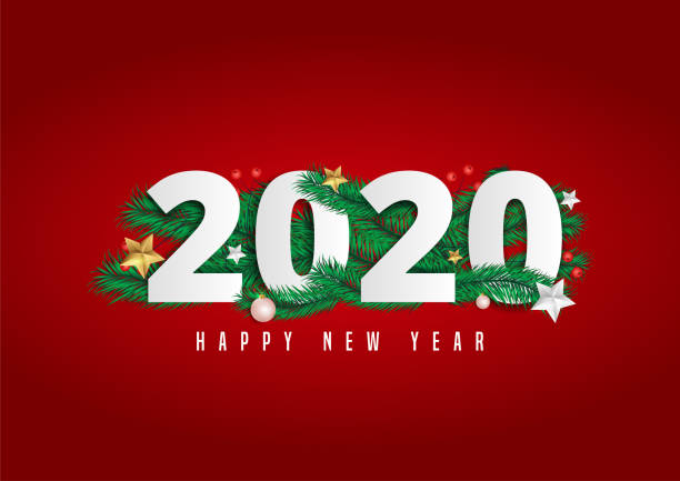 istock 2020 happy new year lettering on red background decorated with pine leaves and berries. 1185233503