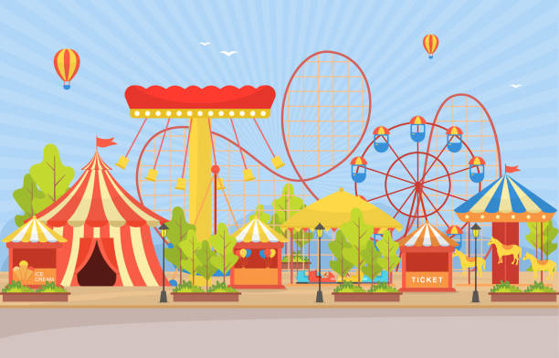 istock Amusement Park Circus Carnival Festival Fun Fair with Firework Landscape Illustration 1185233545