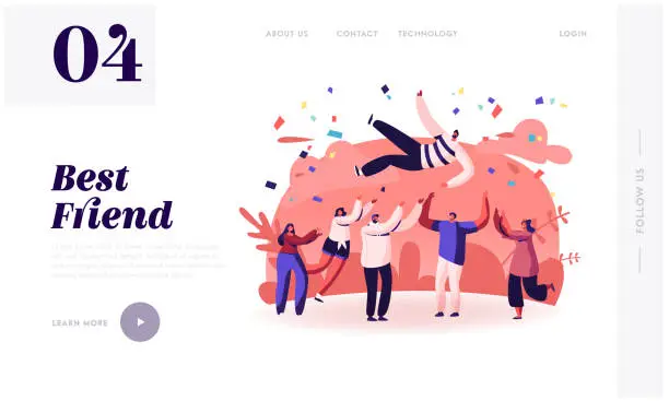 Vector illustration of Friends Congratulation Website Landing Page. Young People Tossing Up in Air Man with Confetti Flying Around. People Celebrating Victory Achievement Web Page Banner. Cartoon Flat Vector Illustration