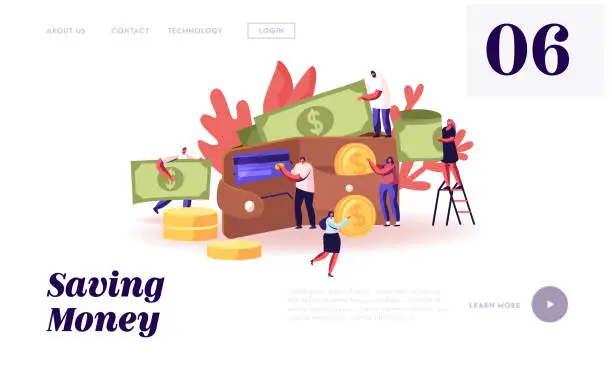 Vector illustration of Saving Money Website Landing Page. Tiny Male and Female Characters with Huge Golden Coins Bills and Credit Cards Walking around Huge Purse. Capital Web Page Banner. Cartoon Flat Vector Illustration