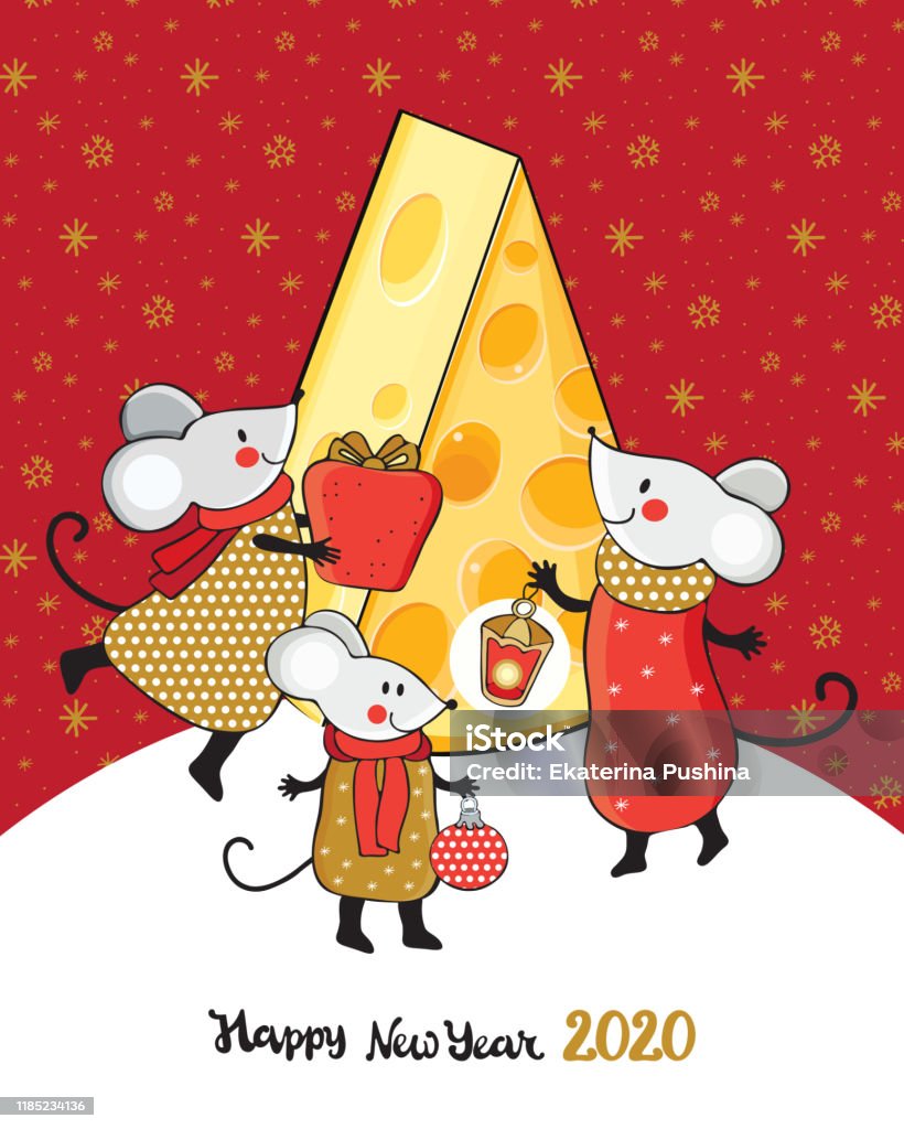New Year And Christmas Greeting Card In Vector Cute Cartoon Mouse ...