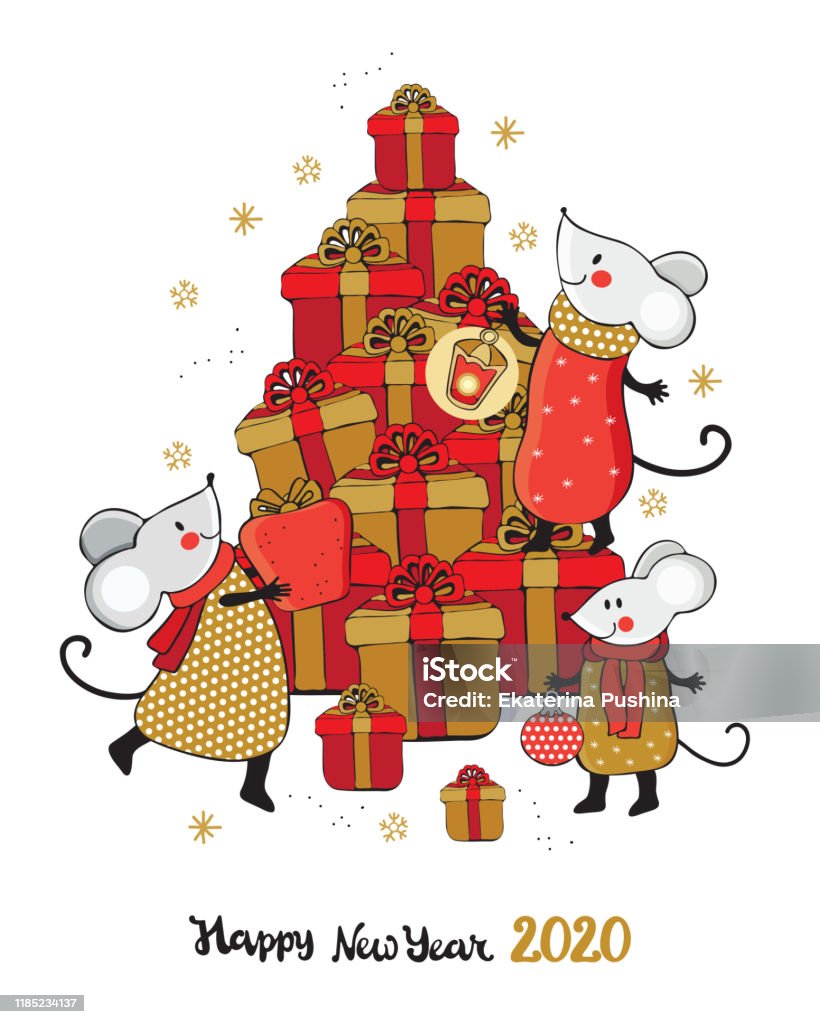 Ilustración de Año Nuevo Y Tarjeta De Felicitación De Navidad En Vector  Lindo Ratón De Dibujos Animados Junto Al Árbol De Navidad Hecho De Regalos  Divertido Y Feliz Año Nuevo Ratones Rojo