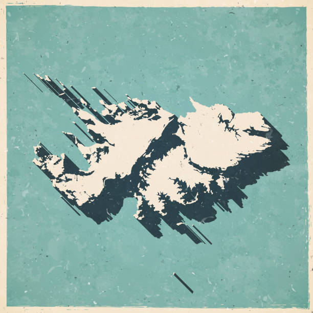 Map of Falkland Islands in a trendy vintage style. Beautiful retro illustration with old textured paper and a black long shadow (colors used: blue, green, beige and black). Vector Illustration (EPS10, well layered and grouped). Easy to edit, manipulate, resize or colorize.