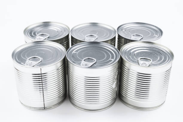 istock Group of silver canned food on white background. 1185236599