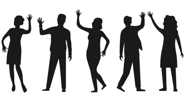 Silhouettes of people waving hand isolated on white. People wave their hands and greet each other. Vector, cartoon illustration of waving people. Vector. Silhouettes of people waving hand isolated on white. People wave their hands and greet each other. Vector, cartoon illustration of waving people. Vector. wave water silhouettes stock illustrations