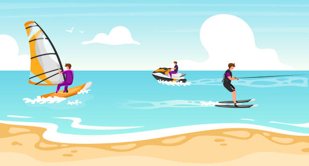 sporty wodne płaskie ilustracji wektorowej. windsurfing, doświadczenie w narciarstwie wodnym. sportowiec na skuterze wodnym aktywny styl życia na świeżym powietrzu. tropikalne wybrzeże, turkusowy pejzaż wodny. sportowcy postaci z kreskówek - windsurfing obrazy stock illustrations