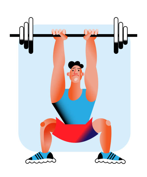 ilustraciones, imágenes clip art, dibujos animados e iconos de stock de guy levantando barbell ilustración vectorial plana - health club gym young men dumbbell