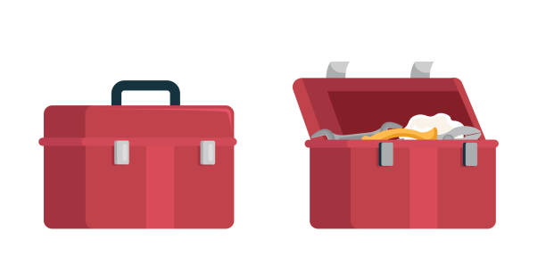 Cartoon plumbers opened and closed tools box set Cartoon plumbers opened and closed tools box set. Flat toolbox for pliers, wrenches and other instruments help to repair leaking in pipe isolated on white background. Vector illustration toolbox stock illustrations