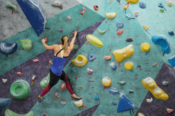 istock Back view of young active female hanging on climbing equipment 1185242218