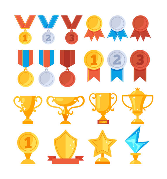 ilustraciones, imágenes clip art, dibujos animados e iconos de stock de conjunto de icono de medalla de copa de oro trofeo de logro. ilustración de dibujos animados de diseño gráfico plano vectorial - medal ribbon incentive award