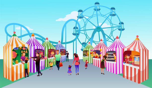 ilustrações de stock, clip art, desenhos animados e ícones de people at fait flat vector illustration - carnival amusement park amusement park ride traditional festival