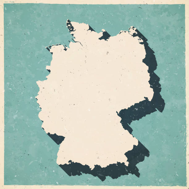Map of Germany in a trendy vintage style. Beautiful retro illustration with old textured paper and a black long shadow (colors used: blue, green, beige and black). Vector Illustration (EPS10, well layered and grouped). Easy to edit, manipulate, resize or colorize.