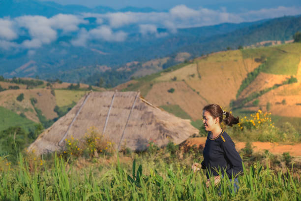 istock Young women run and run in the fields with mountains and sunsets. 1185246385