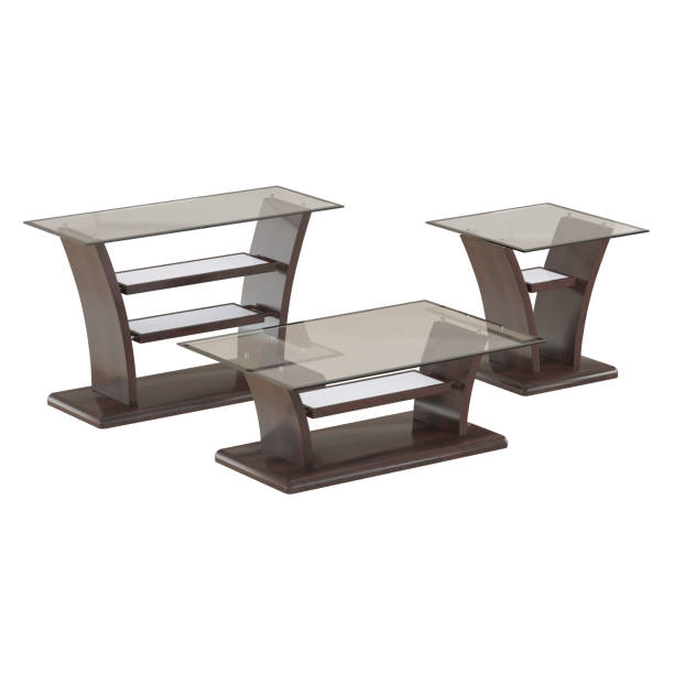 istock Three coffee tables glass surface, wood base on an isolated background. 3d rendering 1185246745