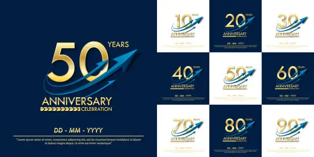 Vector illustration of set of 10th-90th elegance golden anniversary celebration emblem. anniversary elegance golden logo with blue arrow ribbons design for web, game, poster, booklet, leaflet, flyer, magazine, greeting card