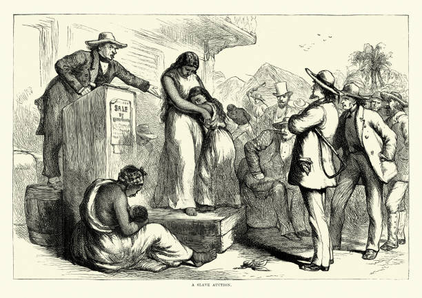 Mother and daughter sold at Slave Auction, Southern USA, 1860s vector art illustration