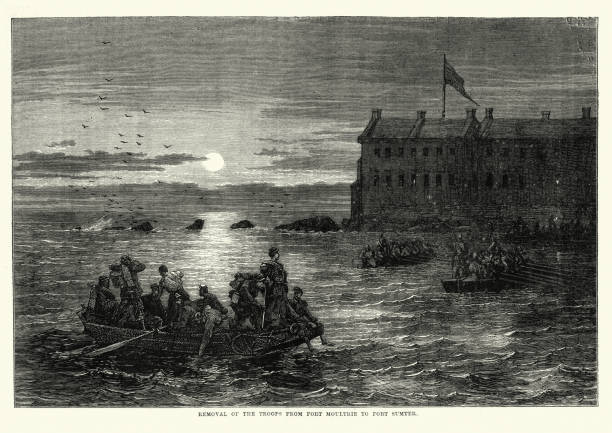 포트 몰트리에서 포트 섬터로 병력 제거 - fort sumter stock illustrations