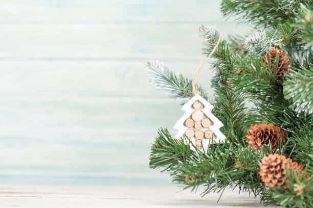 istock Christmas card with decorated fir tree 1185249614