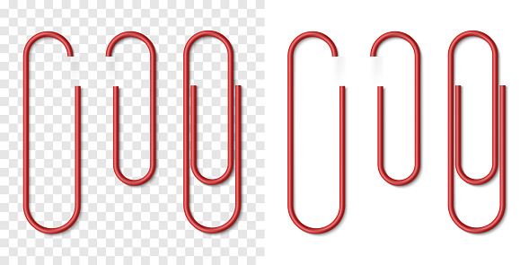 Vector set of red metallic realistic paper clip on white and transparent background. Plastic paperclips with soft shadow. 3D template for your design