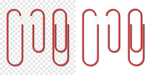 Vector set of red metallic realistic paper clip Vector set of red metallic realistic paper clip on white and transparent background. Plastic paperclips with soft shadow. 3D template for your design metal clip stock illustrations