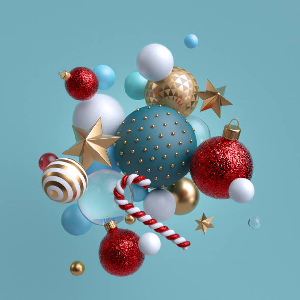 3d weihnachtsschmuck schwebend. rot blau weiße glaskugeln, zuckerrohr, goldene sterne isoliert auf blauem hintergrund. anordnung von schwebenden objekten. winterurlaub clipart. - christmas ornament christmas blue decoration stock-fotos und bilder