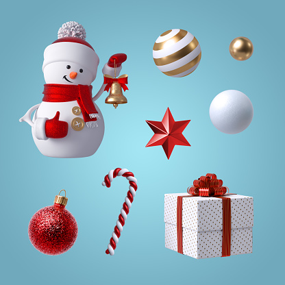 3d Christmas clip art. Set of design elements, isolated on blue background. Snowman toy holding bell, gift box, candy cane, crystal star, red and gold glass balls ornaments.