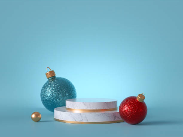 ガラスボールで3d抽象的なクリスマスの背景。丸い白い大理石の表彰台、空白の台座のステップ、空のスペース。製品ショーケーススタンドモックアップ。 - steps ストックフォトと画像