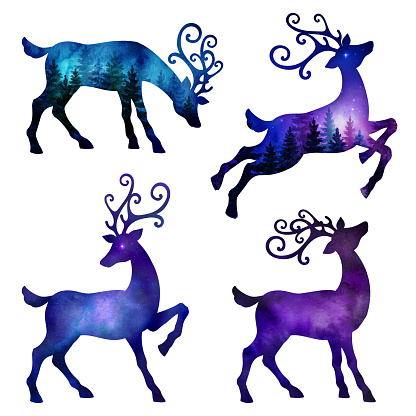 set of violet blue watercolor deer silhouettes, isolated on white background. Christmas reindeer ornaments with wild forest and night sky design inside.