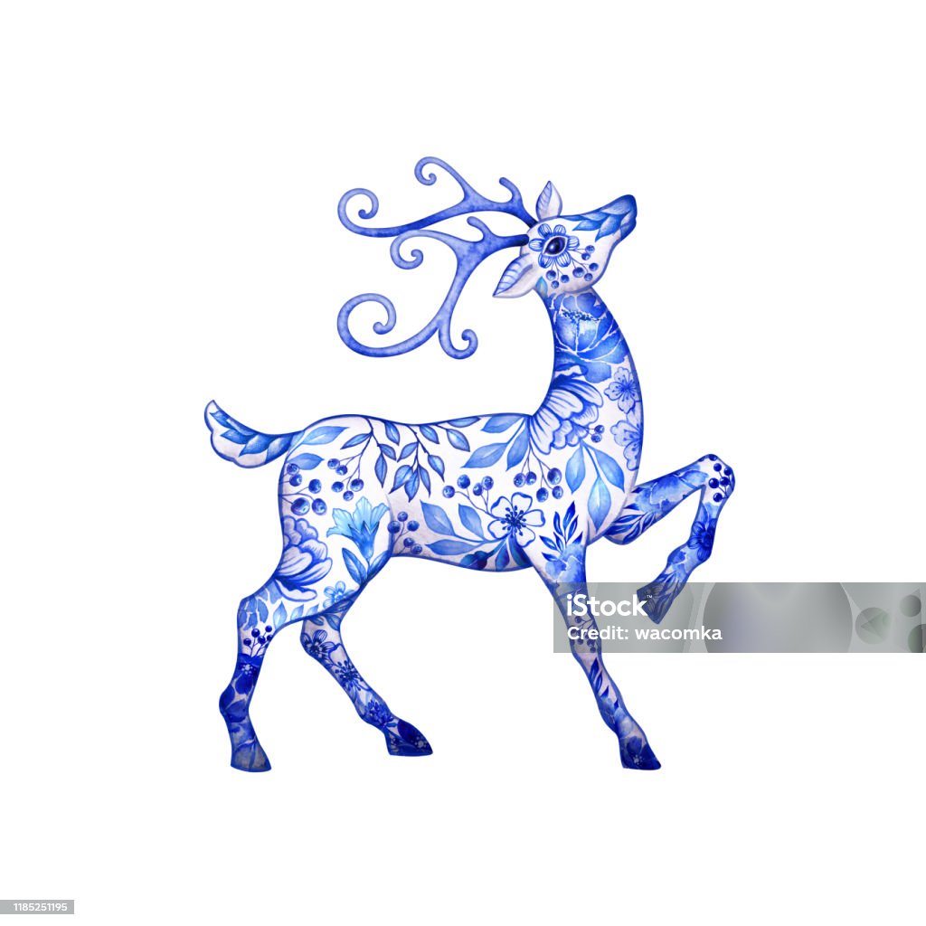 Floral Deer Animal Silhouette With Blue Botanical Delft Pattern Reindeer  Watercolor Illustration Clip Art Isolated On White Background Stock  Illustration - Download Image Now - iStock