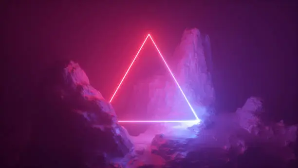 Photo of 3d abstract neon background. Cosmic landscape, terrain at night, foggy rocks, ground. Triangular frame, red blue light, virtual reality, energy source, dark space, laser ring. Sacred geometry.