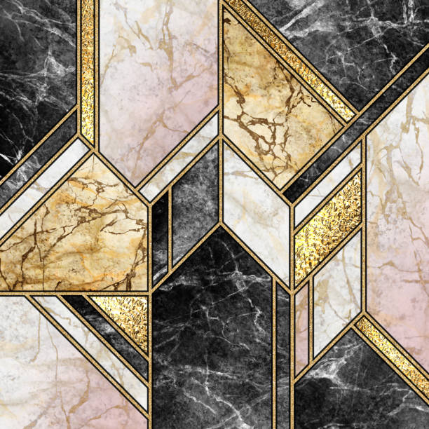 sfondo astratto, mosaico di marmo moderno, trama artificiale in pietra di granito agata, piastrelle marmorate in oro bianco nero, illustrazione marmorizzazione moda geometrica, carta da parati art déco - marble gold macro stone foto e immagini stock