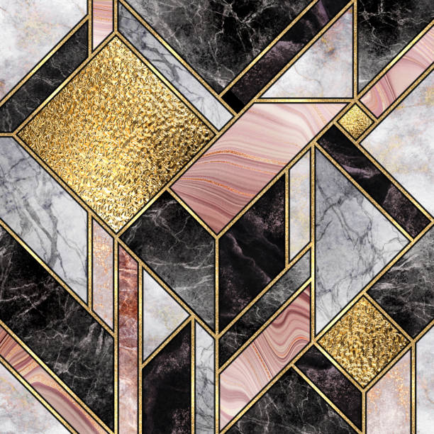 mosaico de mármol moderno, fondo abstracto, fondo de pantalla art deco, textura de piedra artificial, oro rosa blanco mármol azulejo, moda geométrica marbling ilustración - marble gold macro stone fotografías e imágenes de stock