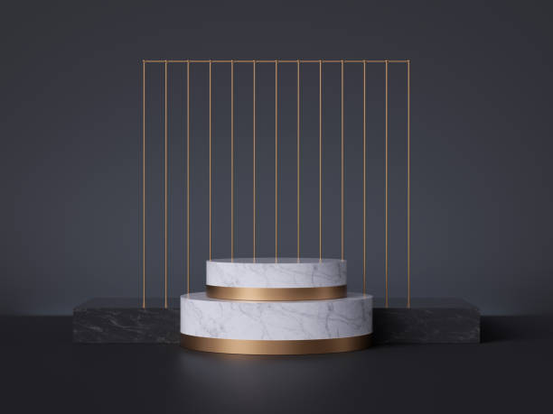 istock 3d white marble pedestal steps isolated on black background, abstract minimal concept, cylinder podium, golden grid, blank space, clean design, commercial product showcase, luxury minimalist mockup 1185251610