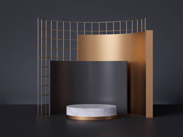 istock 3d render, white marble pedestal isolated on black background, abstract minimal concept, cylinder podium, golden grid, blank space, clean design, commercial product showcase, luxury minimalist mockup 1185251630