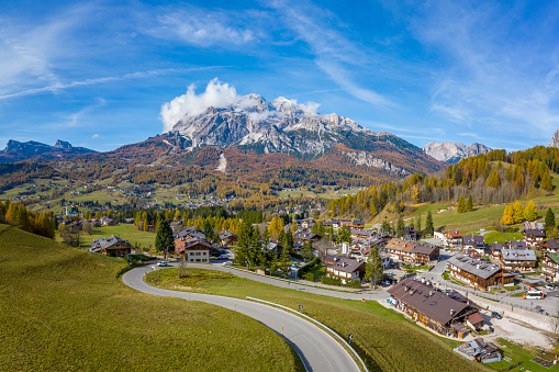 Cortina D'Ampezzo with Pomagagnon mount in background, Dolomites, Italy, South Tyrol.