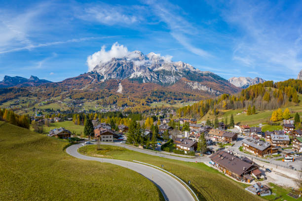 Cortina D'Ampezzo with Pomagagnon mount in background, Dolomites, Italy, South Tyrol. stock photo