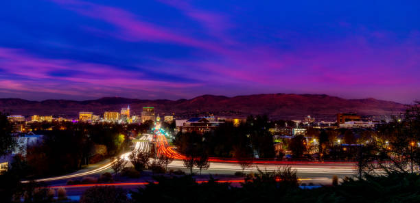 istock Streaking car lights down Capital Boulevard Boise Idaho 1185253616