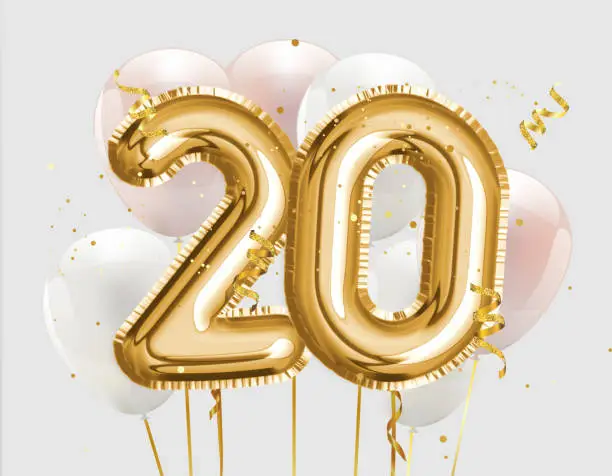 Happy 20th birthday gold foil balloon greeting background. 20 years anniversary logo template- 20th celebrating with confetti. Photo stock.