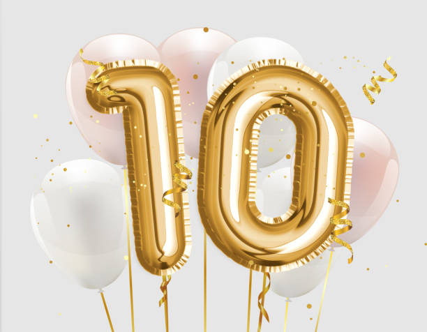 Happy 10th birthday gold foil balloon greeting background. 10 years anniversary logo template- 10th celebrating with confetti. Happy 10th birthday gold foil balloon greeting background. 10 years anniversary logo template- 10th celebrating with confetti. Photo stock. number 10 photos stock pictures, royalty-free photos & images
