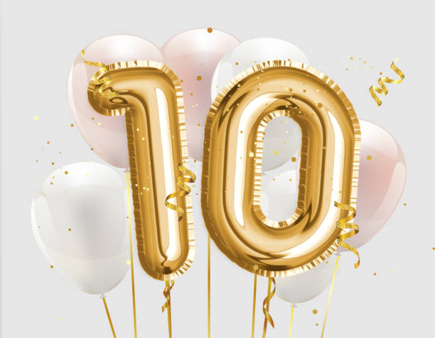Happy 10th birthday gold foil balloon greeting background. 10 years anniversary logo template- 10th celebrating with confetti. Happy 10th birthday gold foil balloon greeting background. 10 years anniversary logo template- 10th celebrating with confetti. Photo stock. 10 balloon stock pictures, royalty-free photos & images