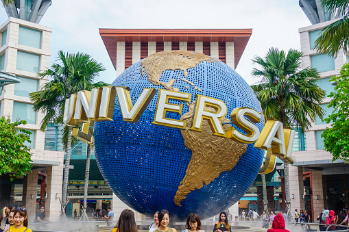 Singapore - March 20, 2018: Square at the entrance to Universal Studios Singapore and the Big Planet of Universal Studios