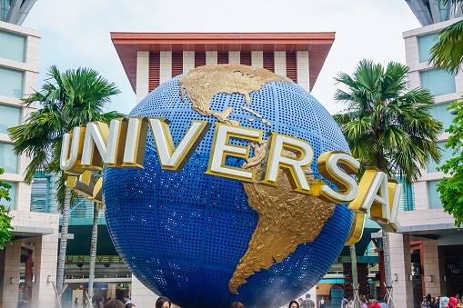 Singapore - March 20, 2018: Square at the entrance to Universal Studios Singapore and the Big Planet of Universal Studios