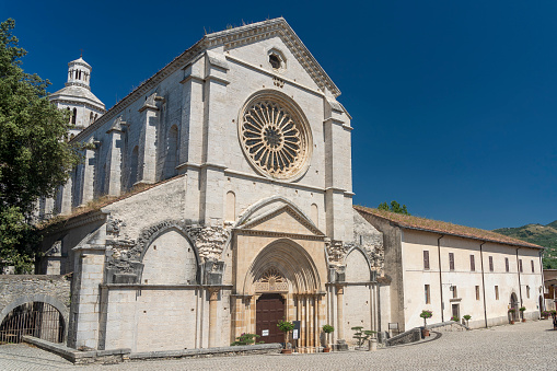 Fossanova, Italy - June 29, 2019: Exterior of the Abbey of Fossanova, Latina, Lazio, Italy, medieval monument